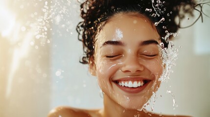 Aufkleber - A woman smiling while splashing water on her face in a light-filled bathroom, showcasing a refreshing moment of self-care and beauty