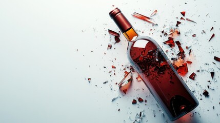 Poster - Broken glass shards scattered around a broken wine bottle, isolated on a clean white background, creating a sharp and dramatic visual