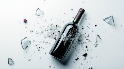 Poster - Broken glass shards scattered around a broken wine bottle, isolated on a clean white background, creating a sharp and dramatic visual