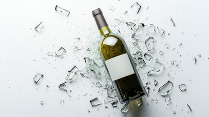 Poster - Broken glass shards scattered around a broken wine bottle, isolated on a clean white background, creating a sharp and dramatic visual
