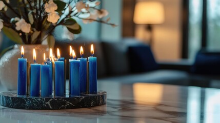 Poster - Close-up of a modern menorah with vibrant blue candles, delicately placed on a polished marble table, creating a serene and sophisticated ambiance