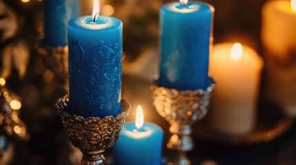 Poster - Close-up of blue candles in ornate candle holders, surrounded by intricate detailing, creating a calm and refined mood