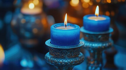 Poster - Close-up of blue candles in ornate candle holders, surrounded by intricate detailing, creating a calm and refined mood