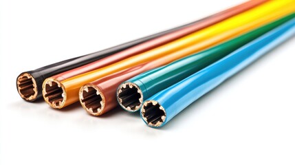 Poster - Cut lengths of insulated cables in a range of colors, with visible copper wire, isolated on white, perfect for use in electrical or crafting visuals