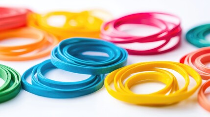 Poster - Colorful rubber bands in various hues displayed on a white background, offering a cheerful and practical visual for office supplies and craft enthusiasts