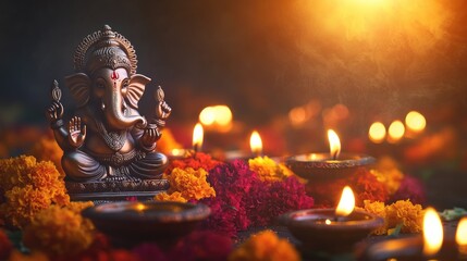 Poster - Diwali greeting text illuminated by a warm glow, set against a vibrant background featuring a Ganesha idol, marigold flowers, and flickering oil lamps