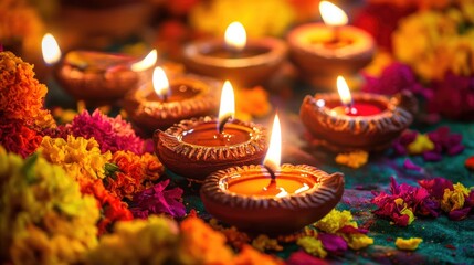 Poster - diwali greeting text set against a backdrop of brightly colored lanterns, diya lamps, and floral gar