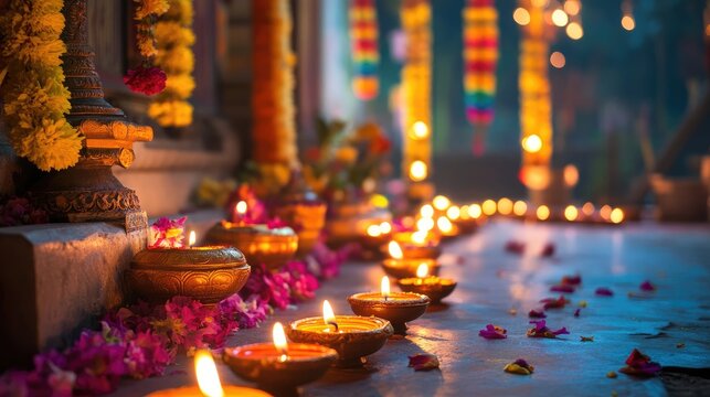 Diwali-themed greeting text surrounded by vibrant lanterns, glowing diya lamps, and colorful floral garlands, creating a festive and joyful atmosphere