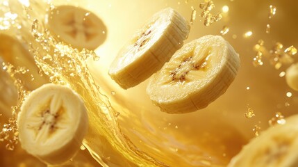 Poster - Fresh banana slices splashing into golden liquid, creating a dynamic and luxurious visual with vibrant motion and rich colors