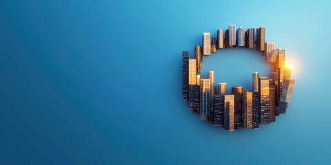 Fototapete - A circular arrangement of modern buildings with a blue background, featuring warm light, symbolizing urban development and innovation.