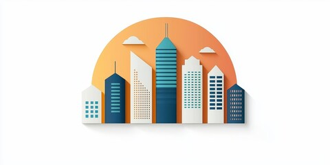 Aufkleber - A vibrant city skyline illustration with various building shapes against a warm sunset background.