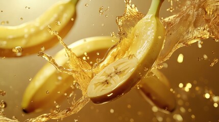 Poster - Fresh banana slices splashing into golden liquid, creating a dynamic and luxurious visual with vibrant motion and rich colors
