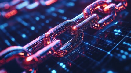 Poster - Glowing digital chain links on a network grid, symbolizing blockchain technology, with futuristic elements and high-tech data security features