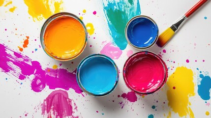 Poster - Open cans of bright paint with a paintbrush and spilled dye around them, captured from above on a white surface, showcasing a playful and creative moment