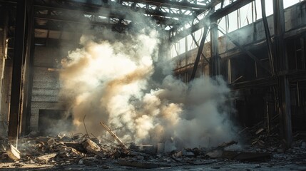 Poster - Smoke billowing into the air inside a destroyed industrial building after demolition, creating a dramatic and haunting scene with debris scattered around