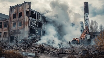 Poster - Smoke enveloping a ruined industrial building, with remnants of walls and equipment in the foreground, symbolizing the aftermath of demolition
