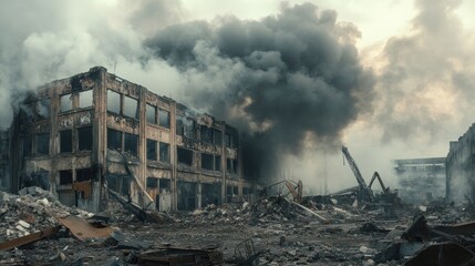 Poster - Smoke enveloping a ruined industrial building, with remnants of walls and equipment in the foreground, symbolizing the aftermath of demolition