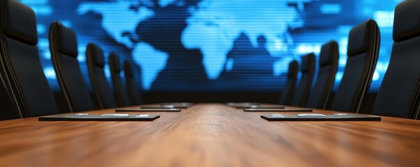Poster - A modern conference room with a long wooden table, sleek black chairs, and a digital world map displayed on the screen in the background.