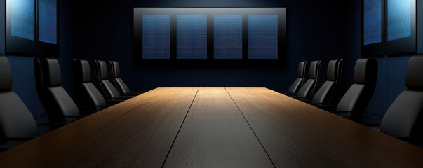 Poster - A modern, sleek conference room featuring a long wooden table and dark walls, illuminated by ambient lighting.