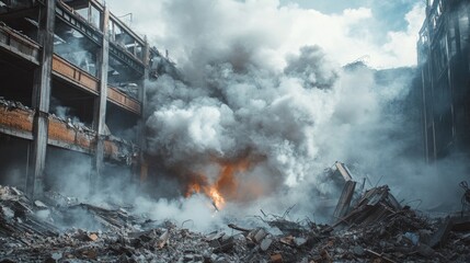 Aufkleber - Thick smoke filling a shattered industrial building after demolition, with broken walls and scattered rubble, depicting the power of destruction
