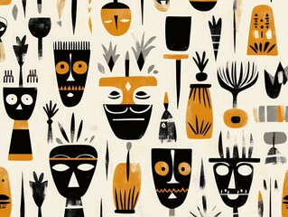 Poster - Seamless pattern with ethnic masks and decorative elements in black and orange on a beige background