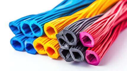 Poster - Various cut insulated cables in bright colors, isolated on a white background, highlighting the texture and flexibility of the wires for electrical projects