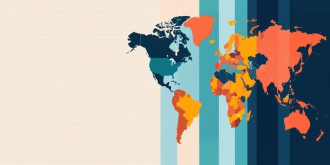 Aufkleber - A colorful, abstract world map with distinct regions highlighted, set against a textured background, ideal for educational or decorative purposes.