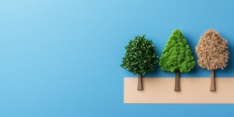 Aufkleber - A minimalist representation of three trees on a blue background, showcasing different foliage styles: lush green, vibrant green, and dry brown.