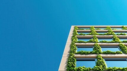 Poster - A modern building with green vines climbing the exterior, set against a bright blue sky, highlighting sustainability and architectural design.