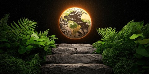 Poster - A serene pathway leads to a glowing Earth, surrounded by lush greenery, symbolizing nature's beauty and harmony.