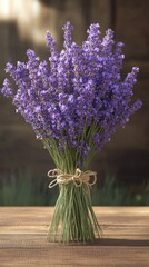Poster - Close-up view of a vibrant bouquet of fresh lavender resting on a rustic wooden table in soft natural light