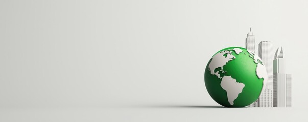 Poster - A green globe rests next to white skyscrapers, symbolizing sustainability and urban development.