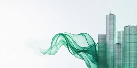 Fototapete - A sleek, modern cityscape design featuring transparent green structures and flowing lines, symbolizing innovation and sustainability.