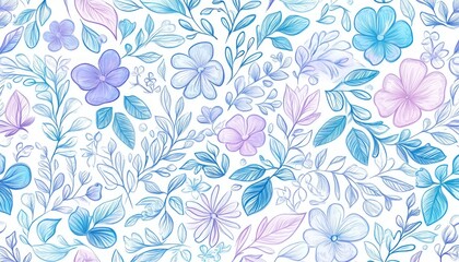 Poster - Watercolor floral pattern in blue purple and pink on white background leaves and flowers arranged in a seamless repeat design