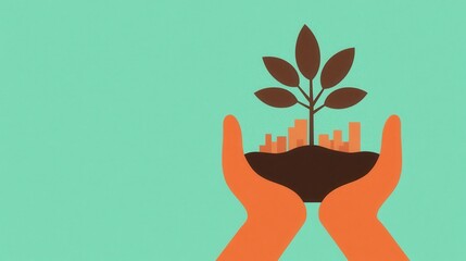 Poster - hands cradling a small plant with leaves, symbolizing growth and environmental care against a soft g