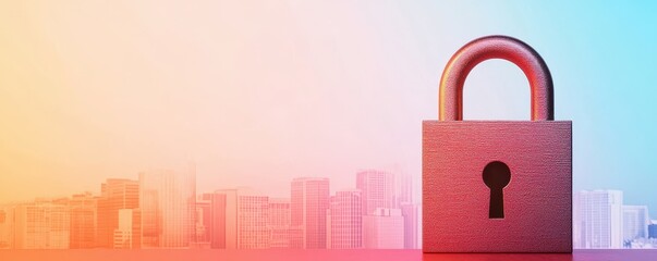 Poster - A large padlock stands against a colorful skyline, symbolizing security and protection in a modern urban environment.