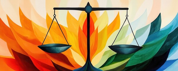 Poster - A colorful depiction of scales symbolizing balance, justice, and equality, set against a vibrant, abstract background.