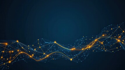 Fototapete - Abstract digital wave with glowing lines and nodes, set against a dark blue background, representing technology and connectivity.