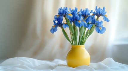 Wall Mural - blue irises in a yellow vase on a white background. International Flower Appreciation