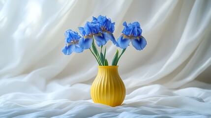 Wall Mural - blue irises in a yellow vase on a white background. International Flower Appreciation