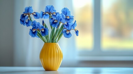 Wall Mural - blue irises in a yellow vase on a white background. International Flower Appreciation