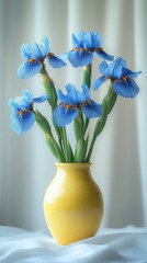Wall Mural - blue irises in a yellow vase on a white background. International Flower Appreciation
