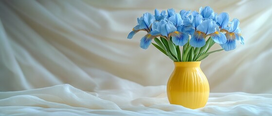 Wall Mural - blue irises in a yellow vase on a white background. International Flower Appreciation