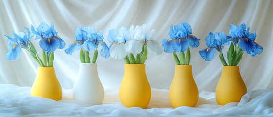 Wall Mural - blue irises in a yellow vase on a white background. International Flower Appreciation