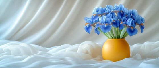 Wall Mural - blue irises in a yellow vase on a white background. International Flower Appreciation