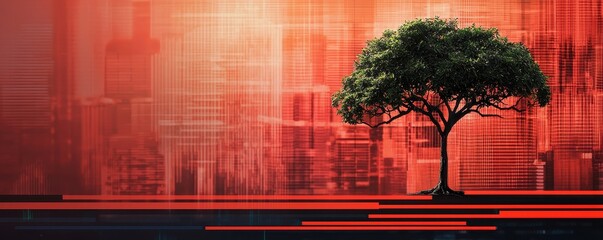 Poster - A solitary tree stands against a vibrant, abstract backdrop of red and geometric patterns, symbolizing nature amidst a digital world.