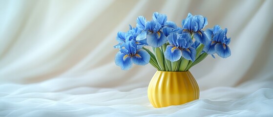 Wall Mural - blue irises in a yellow vase on a white background. International Flower Appreciation