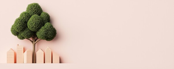Poster - A stylized green tree stands next to small wooden houses, set against a soft pastel background, symbolizing harmony between nature and urban life.