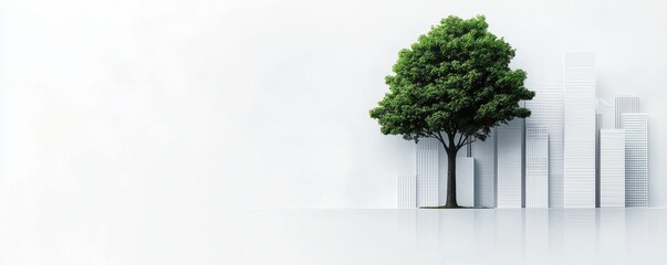 Poster - A lush green tree stands against a minimalist background of abstract buildings, symbolizing nature amidst urban development.