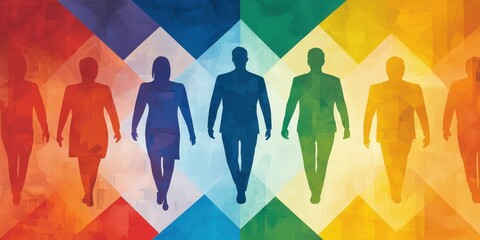 Poster - A vibrant illustration featuring silhouetted figures walking together, set against a colorful geometric background.